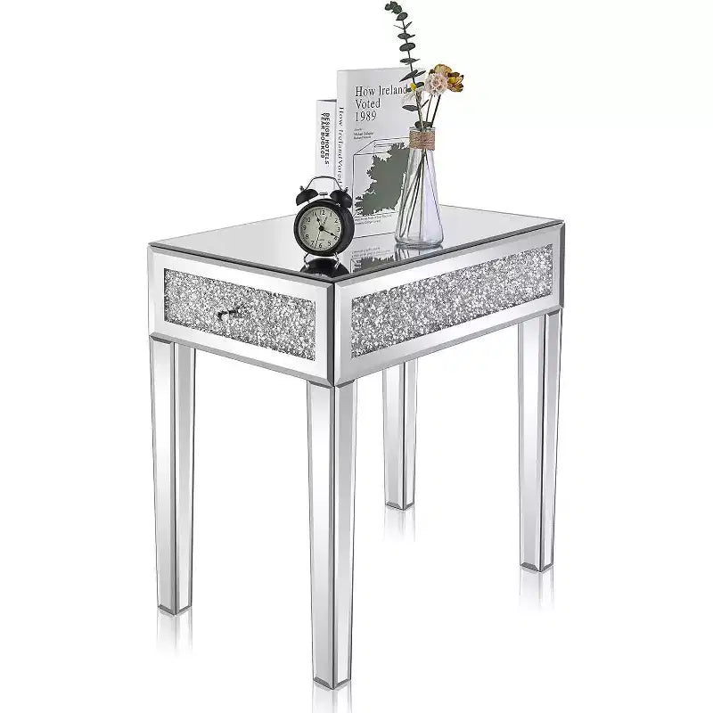 Table d'appoint étroite en miroir, table de chevet fine en verre avec rangement pour canapé, divan et lit