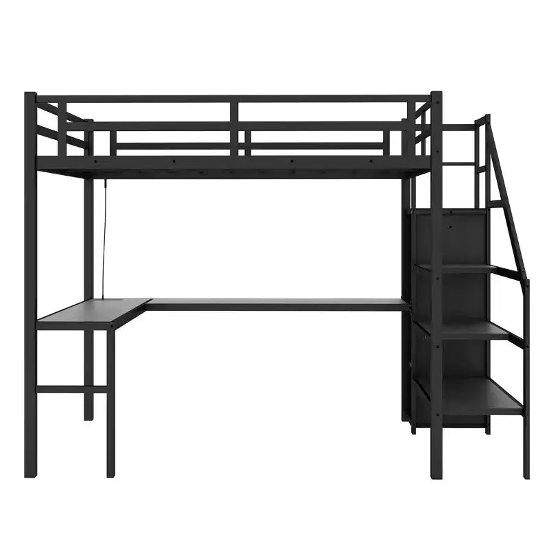 Lit mezzanine double XL avec bureau en L, armoire, escalier, USB, LED et étagères de rangement – Noir