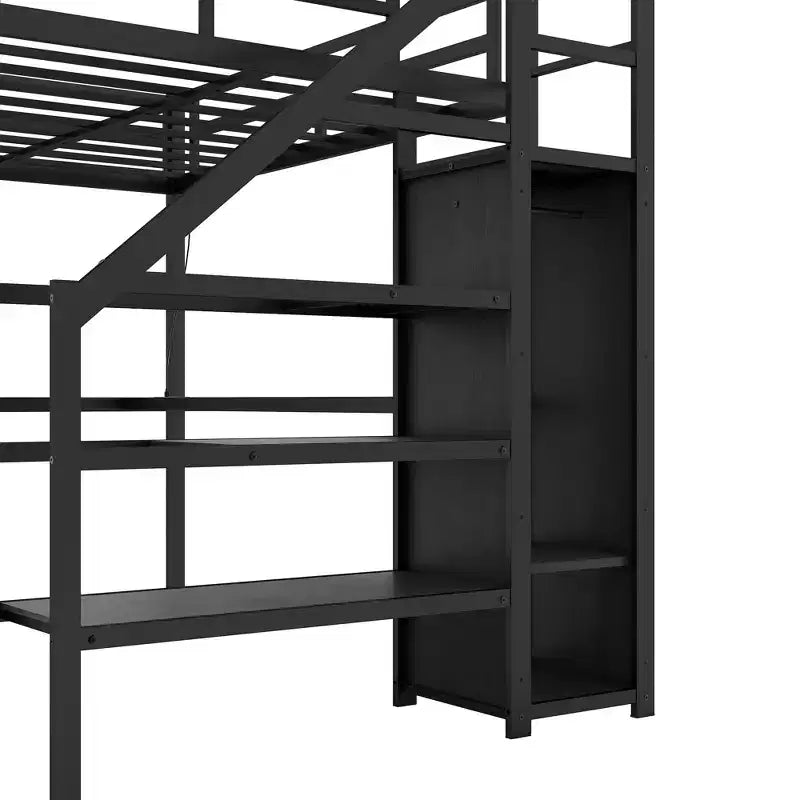 Lit mezzanine double XL avec bureau en L, armoire, escalier, USB, LED et étagères de rangement – Noir