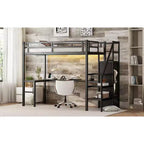 Lit mezzanine double XL avec bureau en L, armoire, escalier, USB, LED et étagères de rangement – Noir