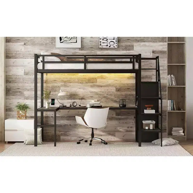 Lit mezzanine double XL avec bureau en L, armoire, escalier, USB, LED et étagères de rangement – Noir