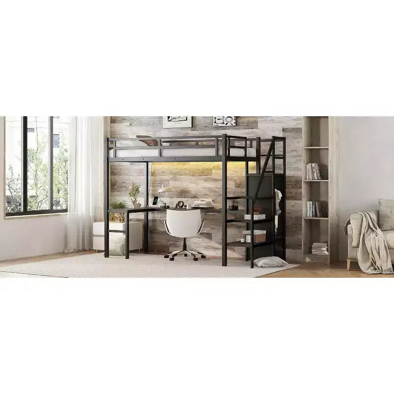 Lit mezzanine double XL avec bureau en L, armoire, escalier, USB, LED et étagères de rangement – Noir