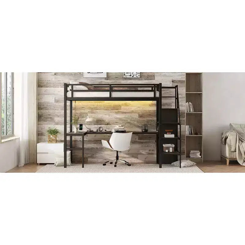 Lit mezzanine double XL avec bureau en L, armoire, escalier, USB, LED et étagères de rangement – Noir