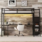 Lit mezzanine double XL avec bureau en L, armoire, escalier, USB, LED et étagères de rangement – Noir