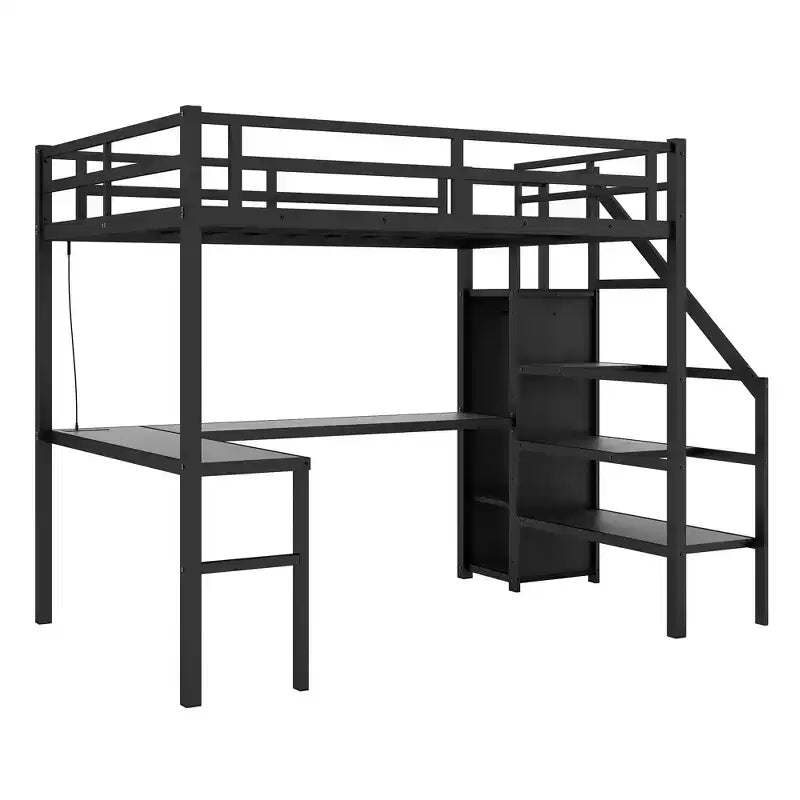 Lit mezzanine double XL avec bureau en L, armoire, escalier, USB, LED et étagères de rangement – Noir