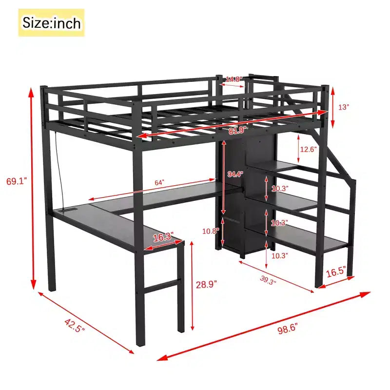 Lit mezzanine double XL avec bureau en L, armoire, escalier, USB, LED et étagères de rangement – Noir