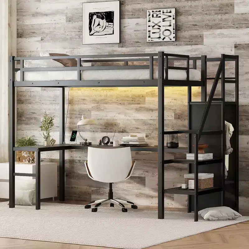 Lit mezzanine double XL avec bureau en L, armoire, escalier, USB, LED et étagères de rangement – Noir