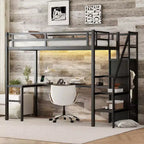 Lit mezzanine double XL avec bureau en L, armoire, escalier, USB, LED et étagères de rangement – Noir