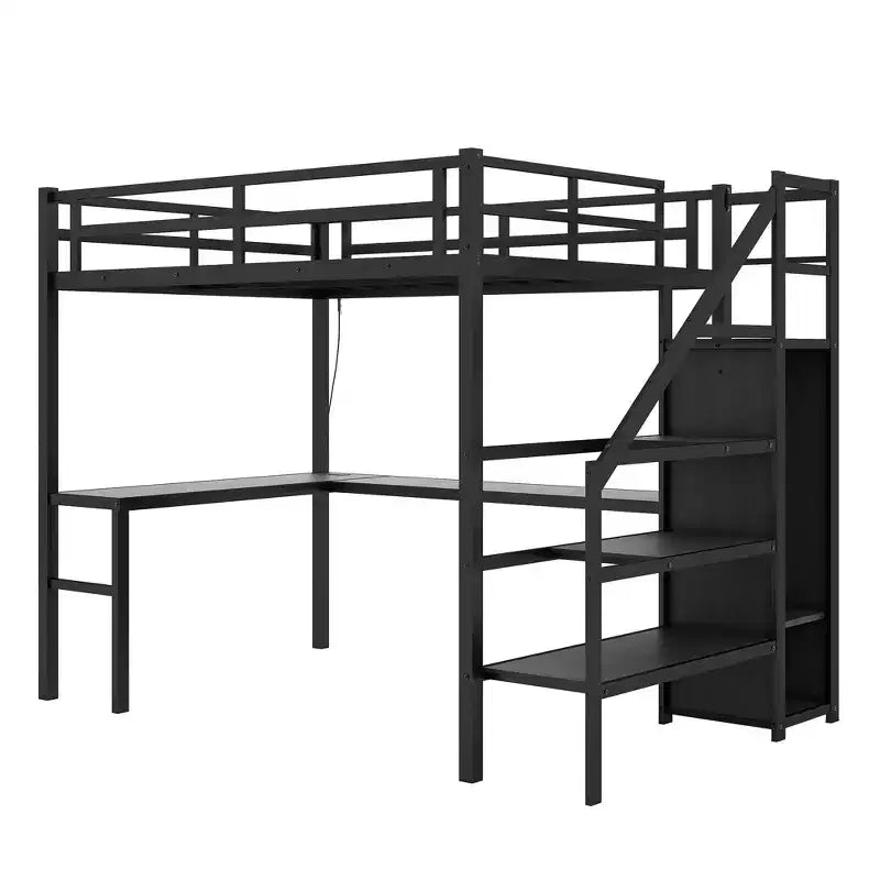 Lit mezzanine double XL avec bureau en L, armoire, escalier, USB, LED et étagères de rangement – Noir