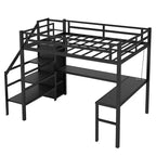 Lit mezzanine double XL avec bureau en L, armoire, escalier, USB, LED et étagères de rangement – Noir