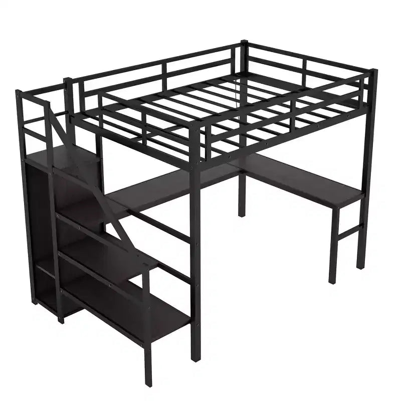Lit mezzanine double XL avec bureau en L, armoire, escalier, USB, LED et étagères de rangement – Noir