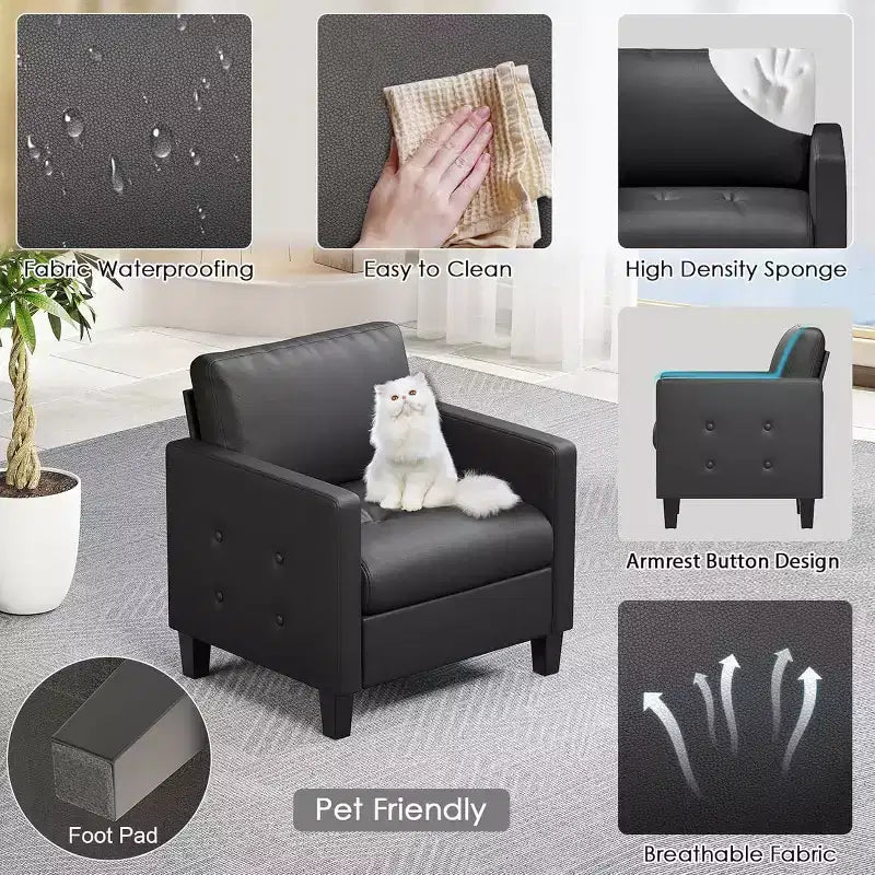 Fauteuil d'appoint capitonné en similicuir noir pour salon, chambre et salle d'attente