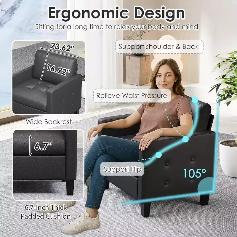 Fauteuil d'appoint capitonné en similicuir noir pour salon, chambre et salle d'attente