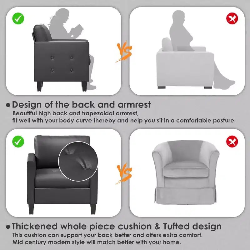Fauteuil d'appoint capitonné en similicuir noir pour salon, chambre et salle d'attente