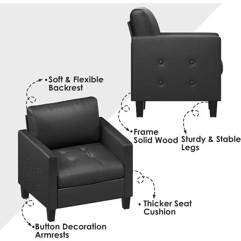 Fauteuil d'appoint capitonné en similicuir noir pour salon, chambre et salle d'attente