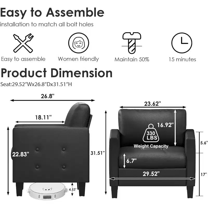 Fauteuil d'appoint capitonné en similicuir noir pour salon, chambre et salle d'attente
