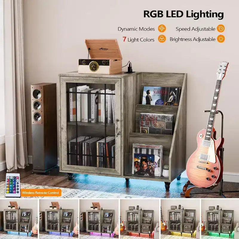 Meuble Tourne-disque avec Rangement Vinyles pour Plus de 350 Albums, Station de Recharge LED