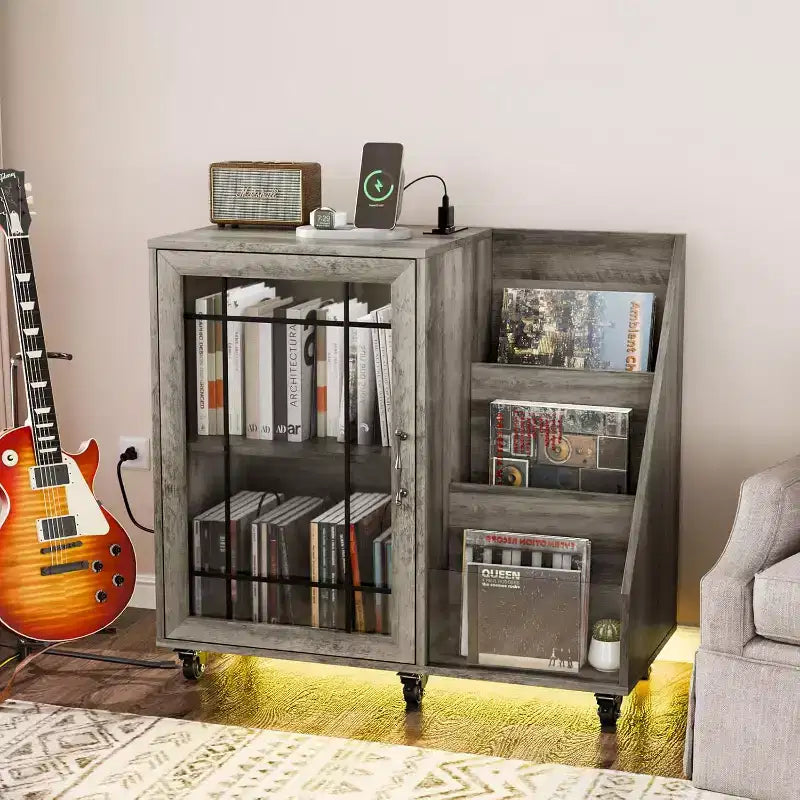 Meuble Tourne-disque avec Rangement Vinyles pour Plus de 350 Albums, Station de Recharge LED