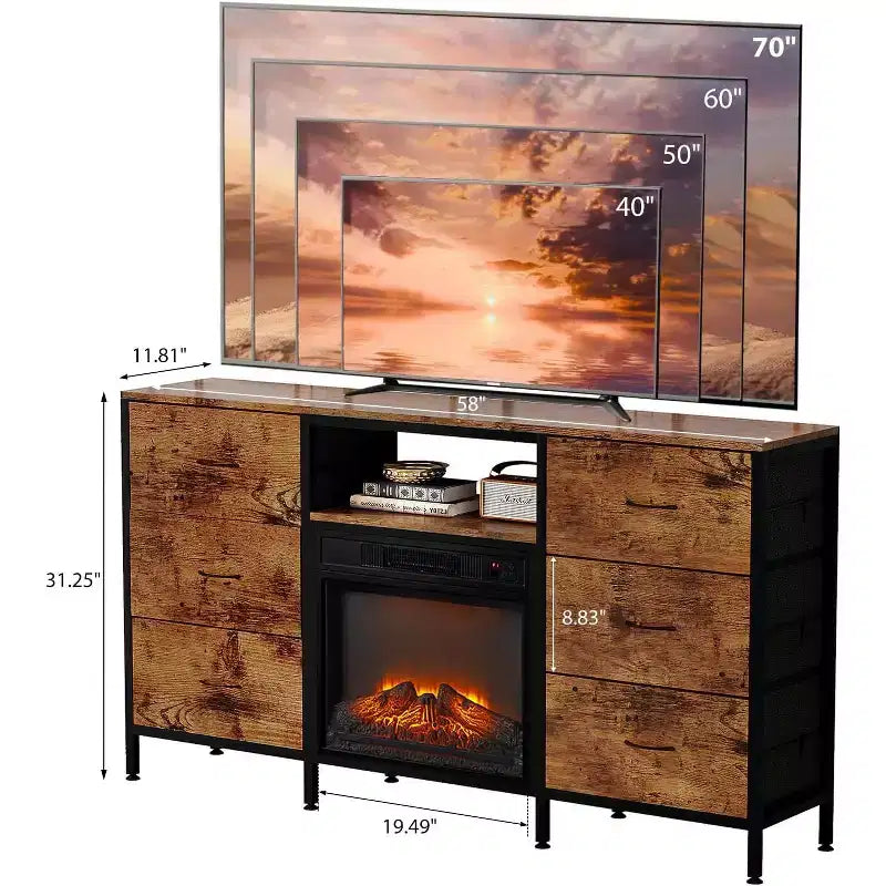Meuble TV de cheminée avec tiroir en tissu, lumières LED et étagères de rangement ouvertes – Meuble de divertissement industriel
