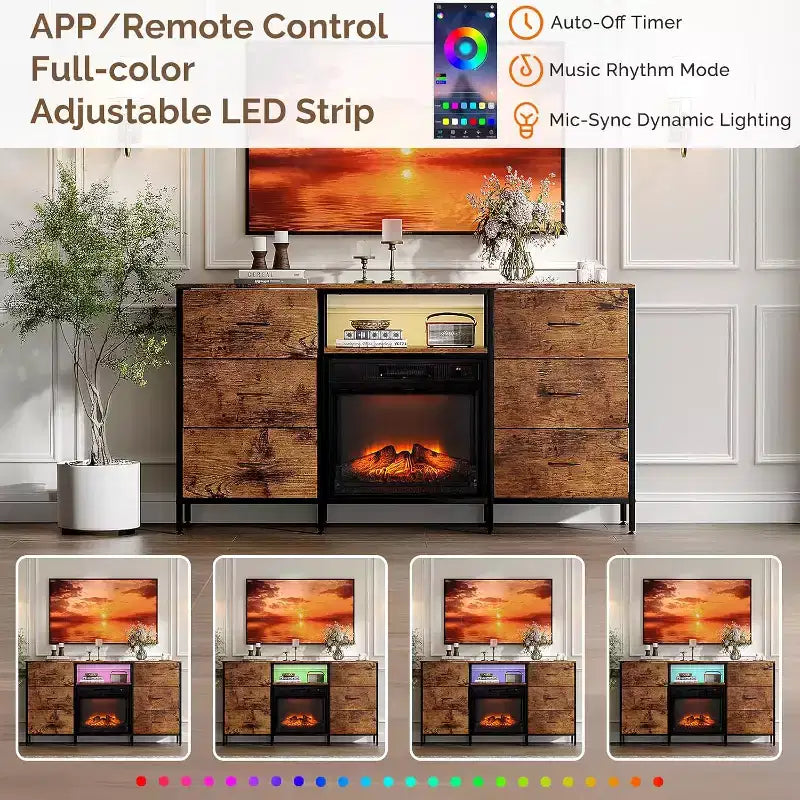 Meuble TV de cheminée avec tiroir en tissu, lumières LED et étagères de rangement ouvertes – Meuble de divertissement industriel