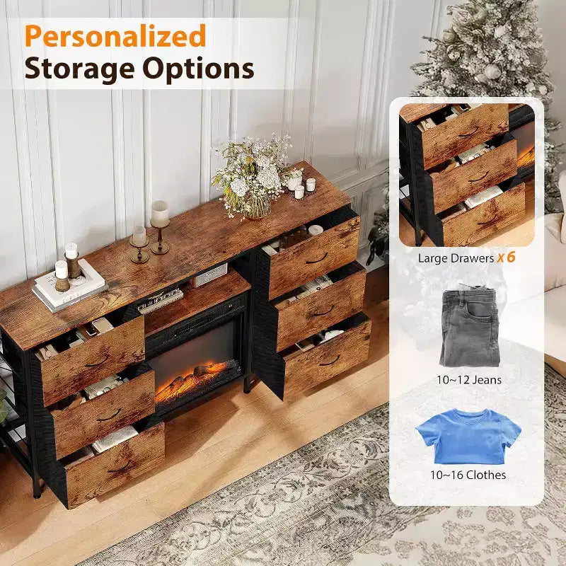 Meuble TV de cheminée avec tiroir en tissu, lumières LED et étagères de rangement ouvertes – Meuble de divertissement industriel