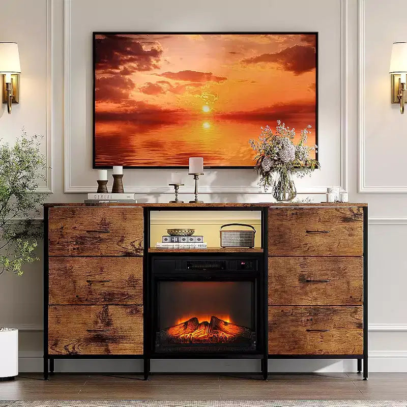 Meuble TV de cheminée avec tiroir en tissu, lumières LED et étagères de rangement ouvertes – Meuble de divertissement industriel
