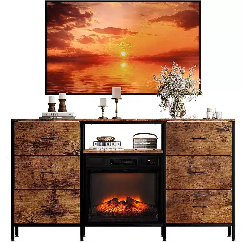 Meuble TV de cheminée avec tiroir en tissu, lumières LED et étagères de rangement ouvertes – Meuble de divertissement industriel