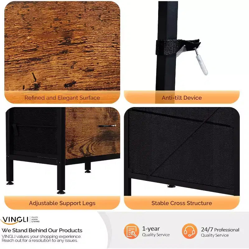 Meuble TV de cheminée avec tiroir en tissu, lumières LED et étagères de rangement ouvertes – Meuble de divertissement industriel