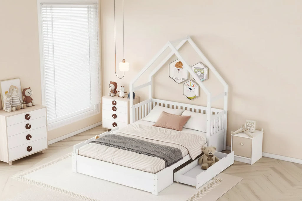 FAMYYT Queen Size Wood Bed?With Guardrail, 2 Drawers, Easy Assembly