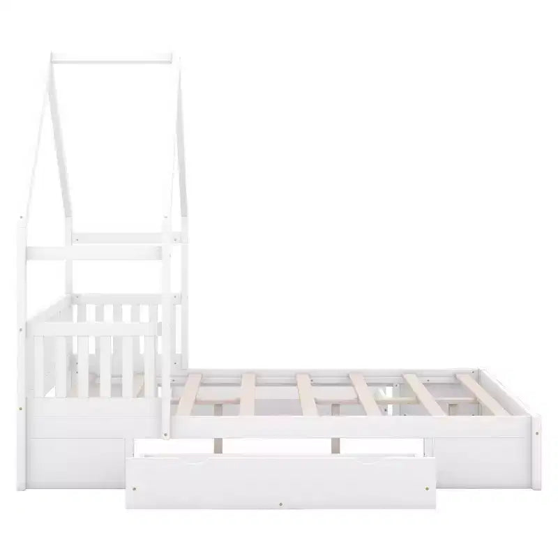 Lit en bois Queen Size avec garde-corps, 2 tiroirs, montage facile