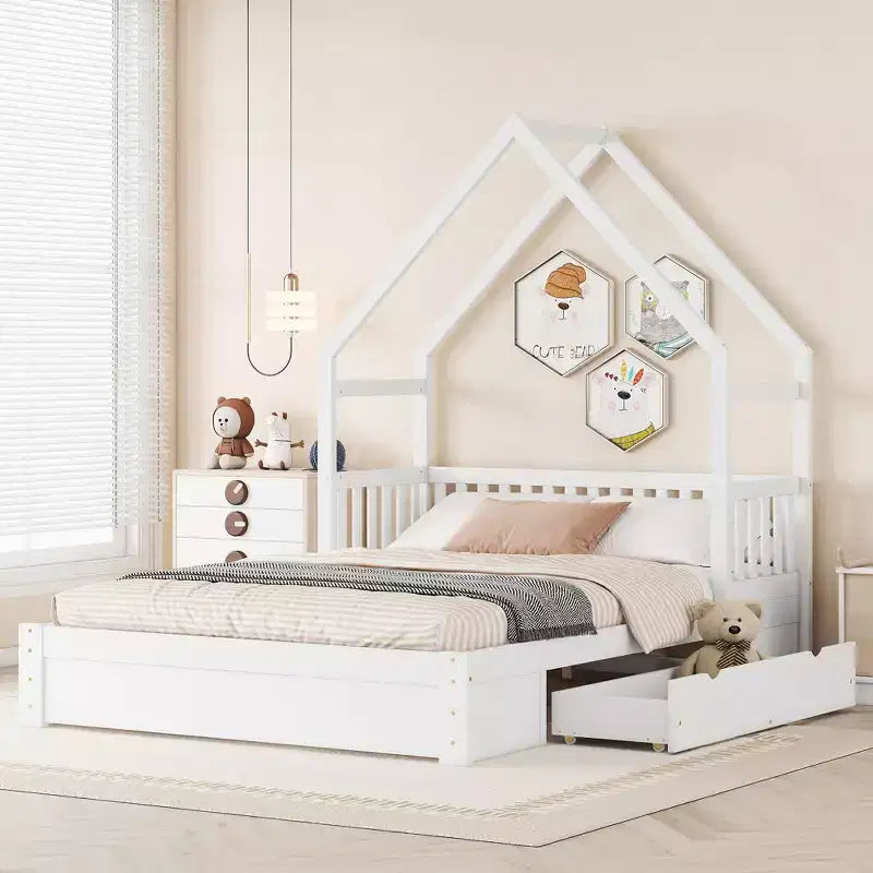 Lit en bois Queen Size avec garde-corps, 2 tiroirs, montage facile