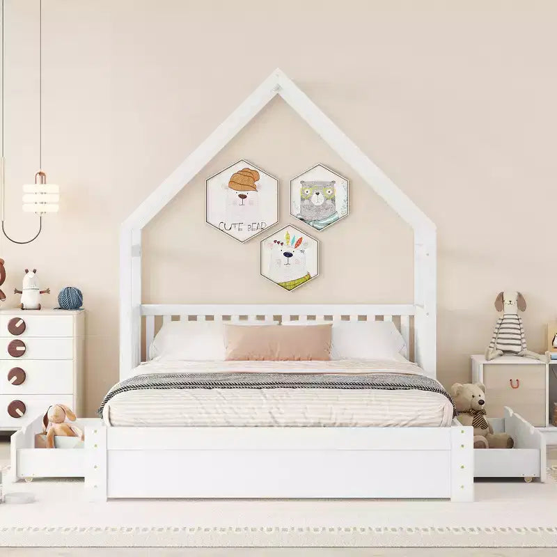 Lit en bois Queen Size avec garde-corps, 2 tiroirs, montage facile
