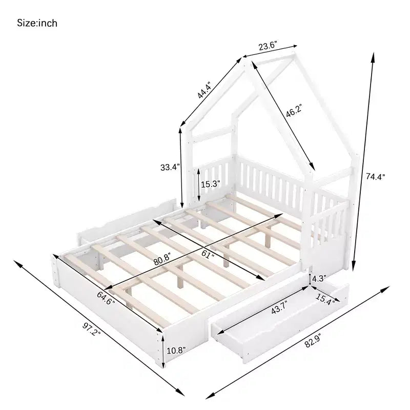 Lit en bois Queen Size avec garde-corps, 2 tiroirs, montage facile