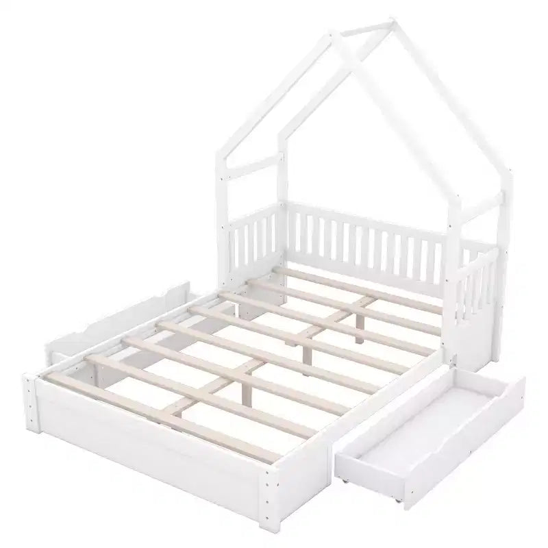 Lit en bois Queen Size avec garde-corps, 2 tiroirs, montage facile