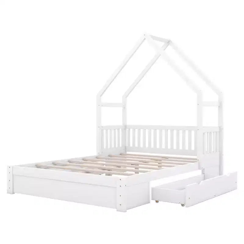 Lit en bois Queen Size avec garde-corps, 2 tiroirs, montage facile