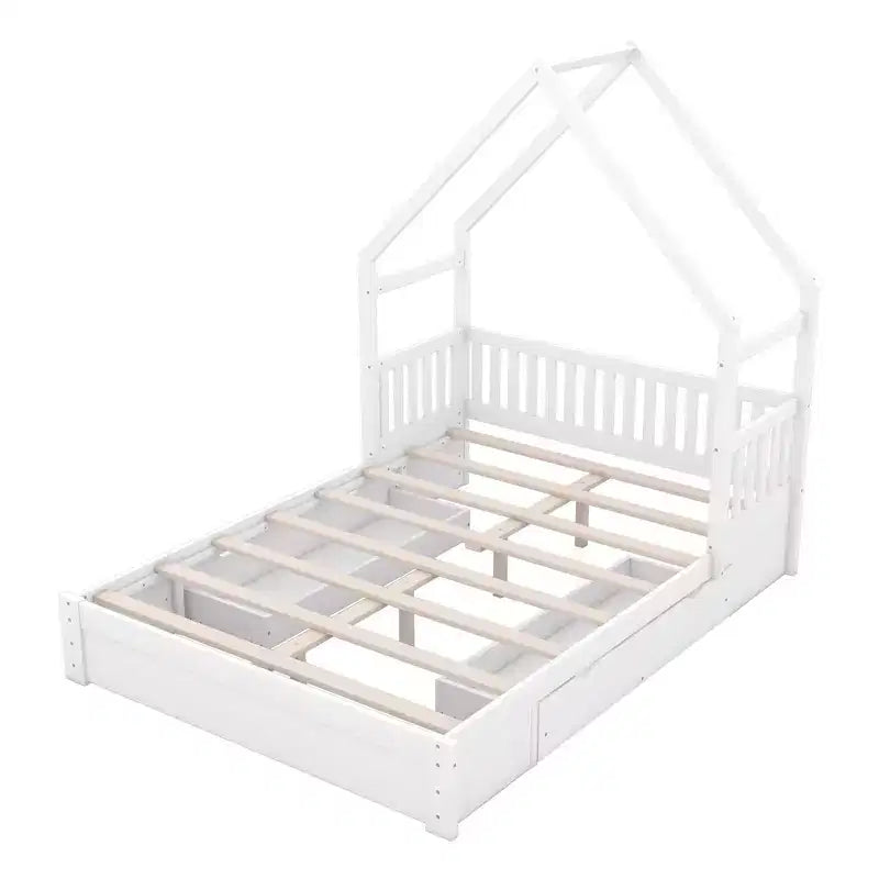 Lit en bois Queen Size avec garde-corps, 2 tiroirs, montage facile