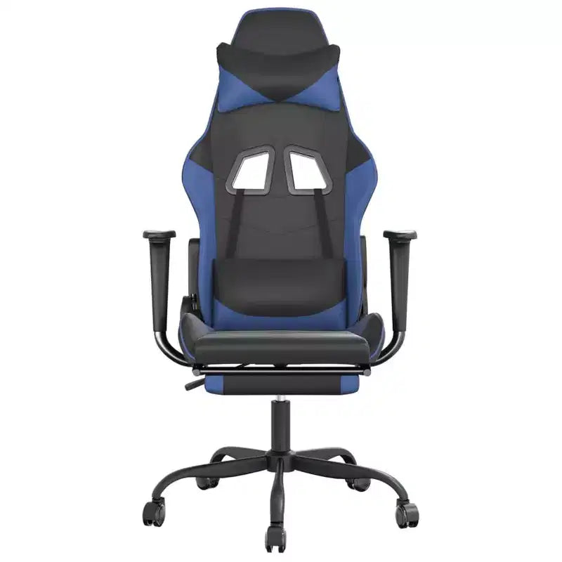 Chaise de jeu similicuir noir et bleu, cadre en métal, contreplaqué, réglable