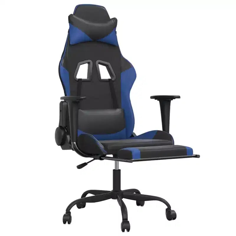 Chaise de jeu similicuir noir et bleu, cadre en métal, contreplaqué, réglable