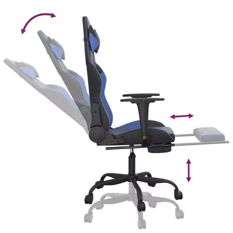 Chaise de jeu similicuir noir et bleu, cadre en métal, contreplaqué, réglable