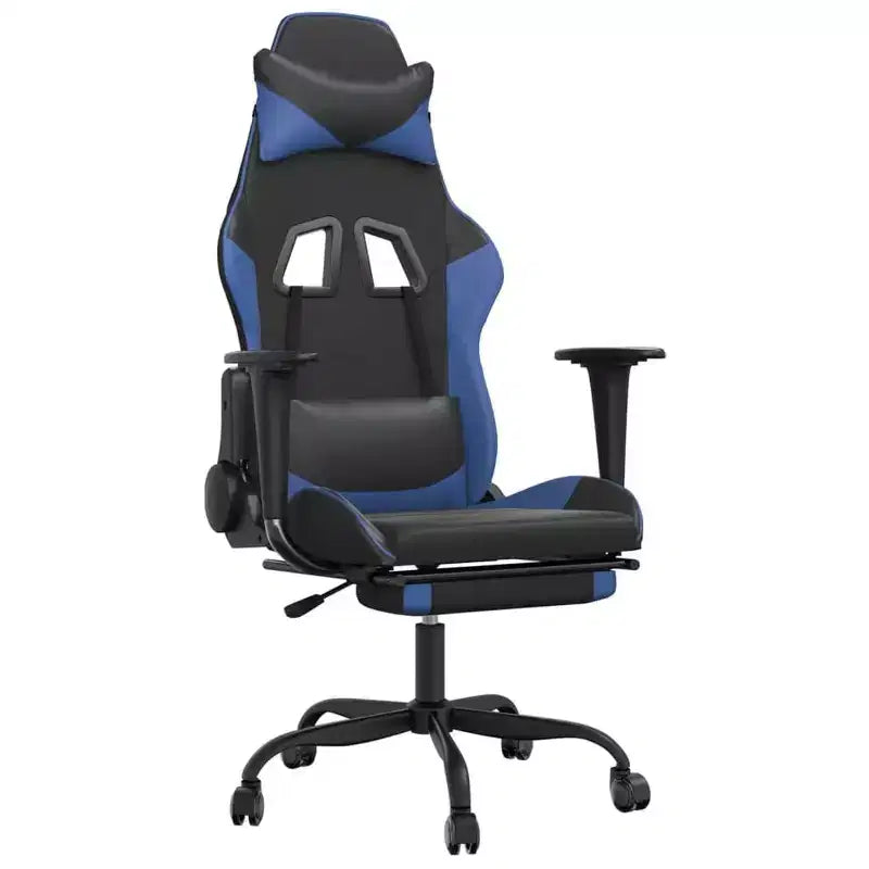Chaise de jeu similicuir noir et bleu, cadre en métal, contreplaqué, réglable