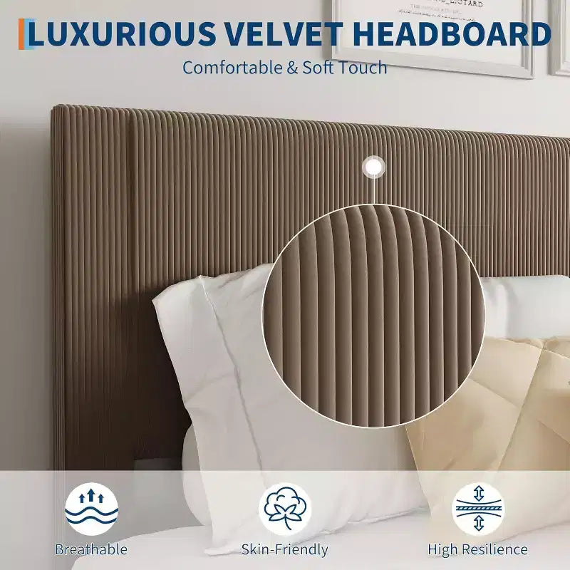 Lit plateforme en tissu velours côtelé doux avec tête de lit rembourrée – Grand lit