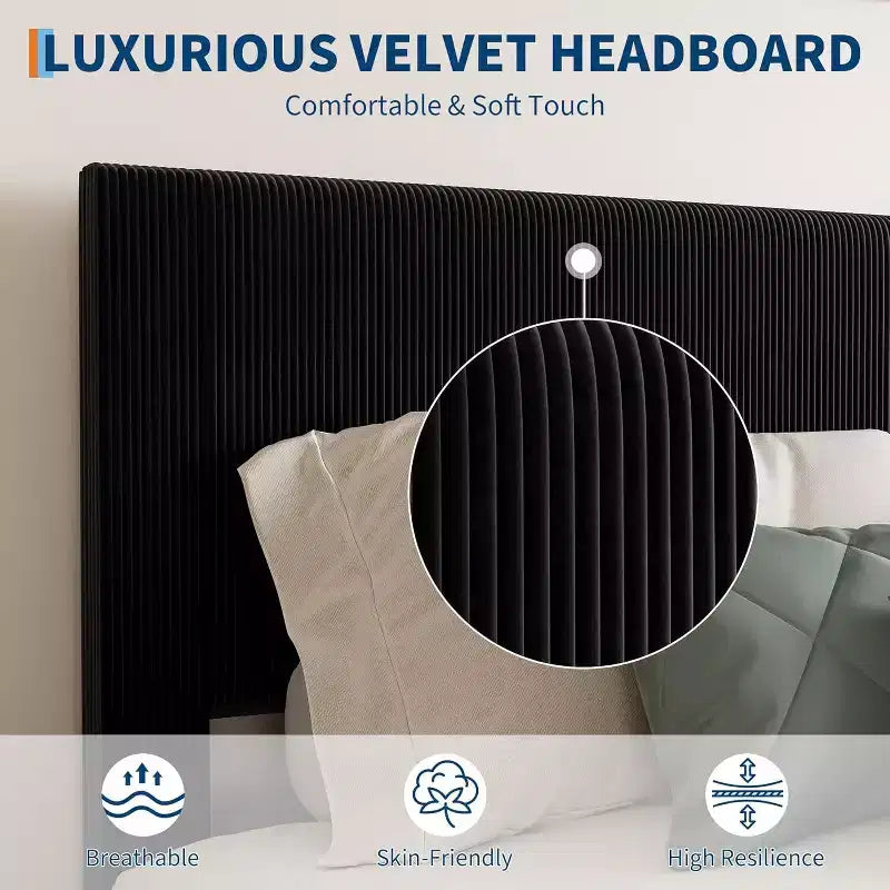 Lit plateforme en tissu velours côtelé doux avec tête de lit rembourrée – Grand lit