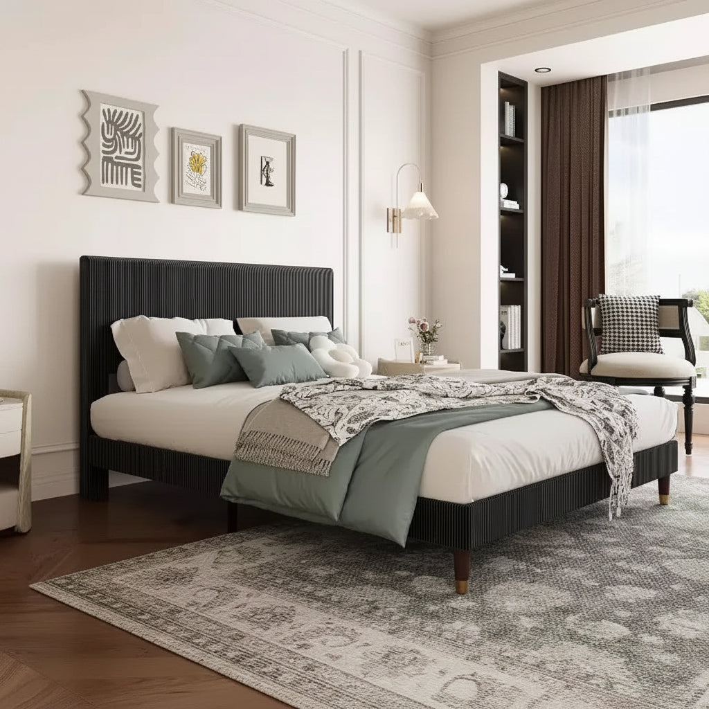 GustoWave Soft Corduroy Fabric Platform Bed Frame with Upholstered Headboard