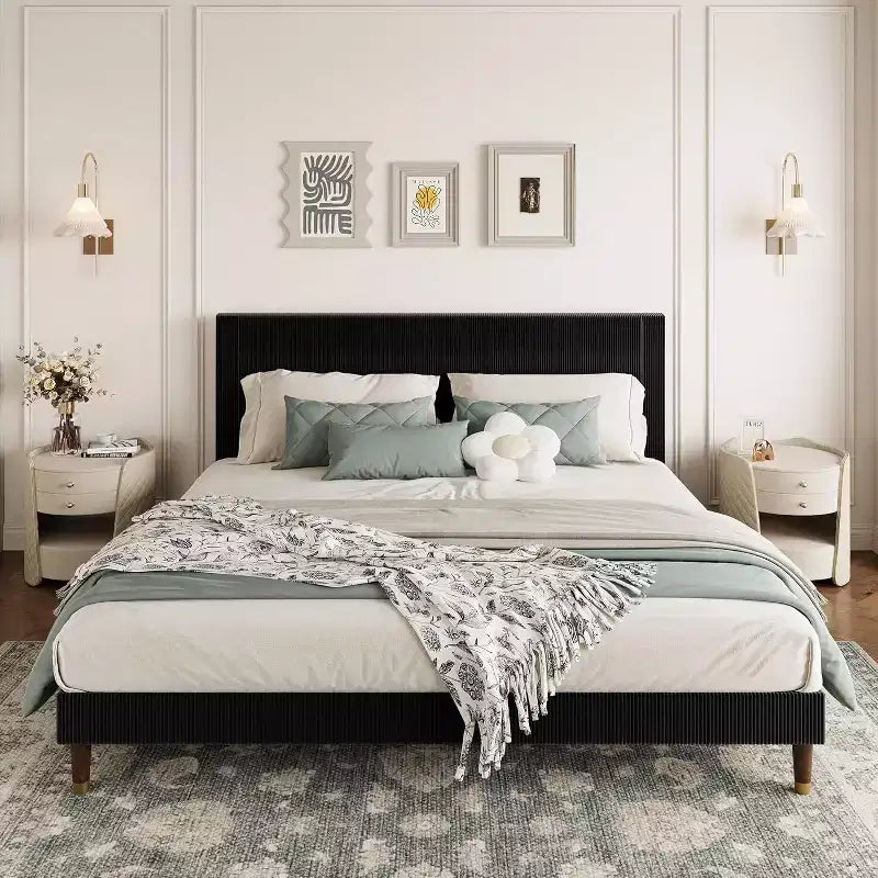 Lit plateforme en tissu velours côtelé doux avec tête de lit rembourrée – Grand lit