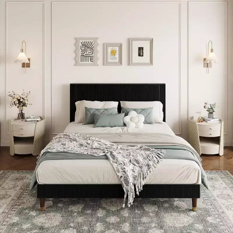 Lit plateforme en tissu velours côtelé doux avec tête de lit rembourrée – Grand lit