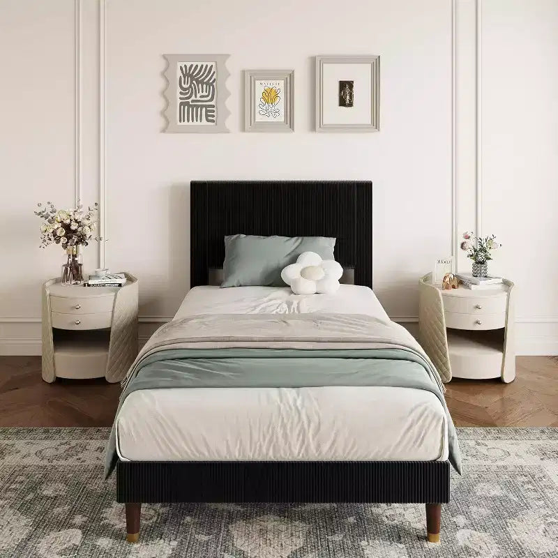 Lit plateforme en tissu velours côtelé doux avec tête de lit rembourrée – Grand lit