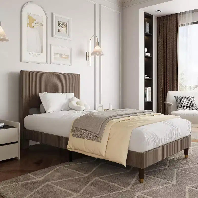 Lit plateforme en tissu velours côtelé doux avec tête de lit rembourrée – Grand lit
