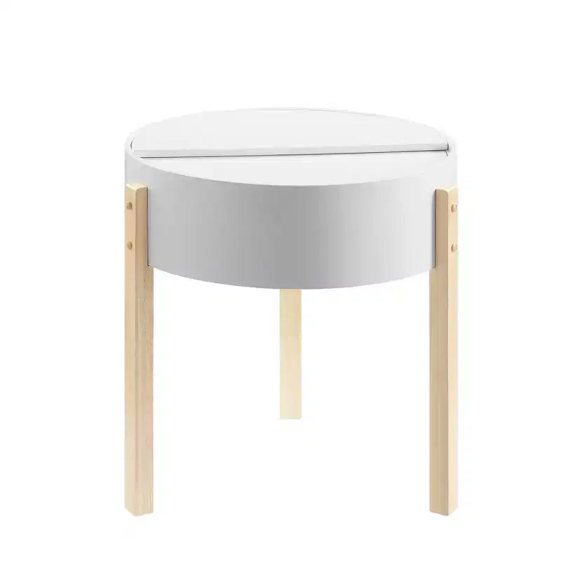 Table d'appoint Mid-Century Modern, Blanc/Naturel, Rangement caché, Compacte