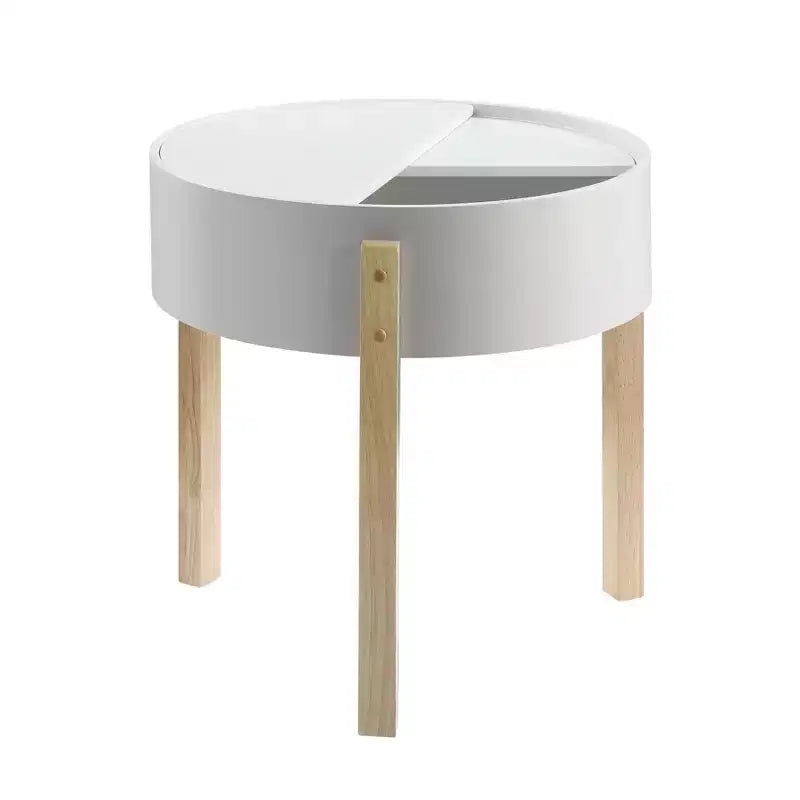 Table d'appoint Mid-Century Modern, Blanc/Naturel, Rangement caché, Compacte