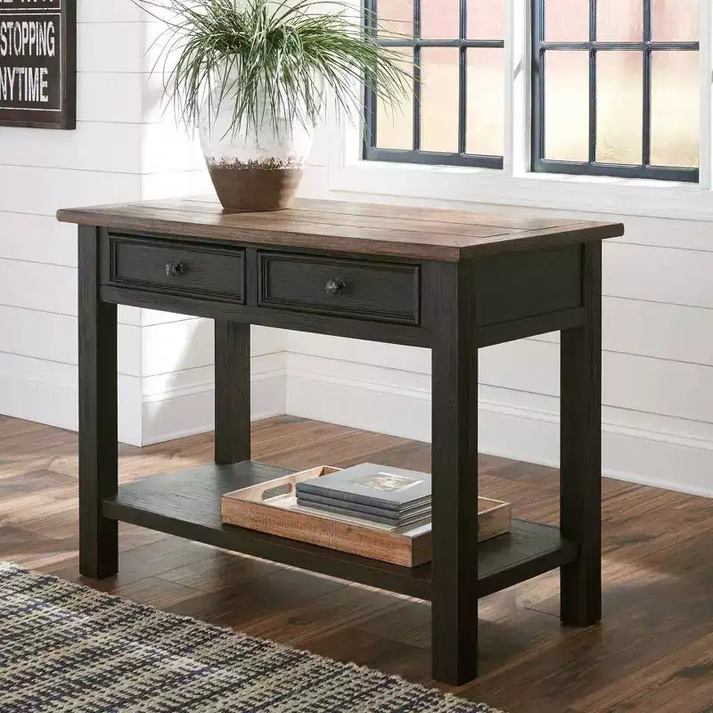 Table console de canapé de style moderne du milieu du siècle Tyler Creek, marron grisâtre/noir, étagère ouverte et tiroir de rangement